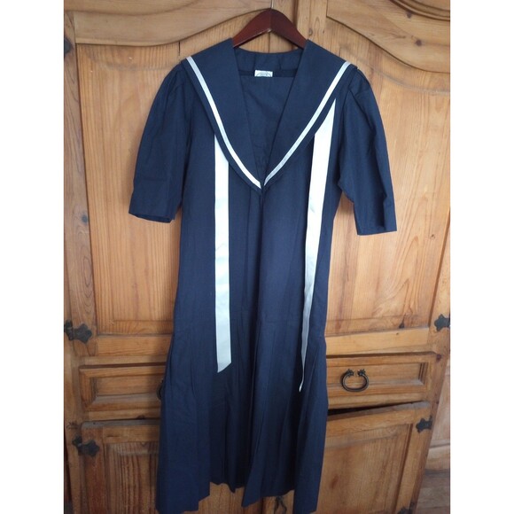 Laura Ashley Vintage 80s Sailor Navy Blue Bow Tie Pleated Bib Nautical Dress UK - Picture 1 of 9